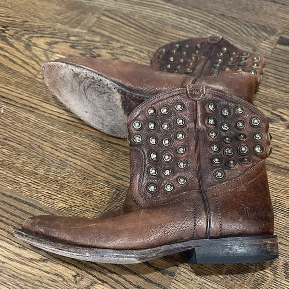 Frye Brown Leather Ankle Boots with Stud Accents - Picture 2 of 4